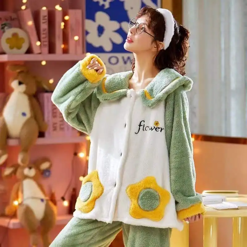 Pyjamas Women Winter Flannel Pajamas Sets Thick Warm Long Sleeve Full Trousers Two Pieces Homewear Home Nightie