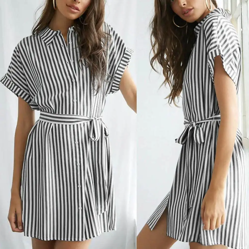 Женское Полосатое облегающее платье с коротким рукавом Повседневное отложным