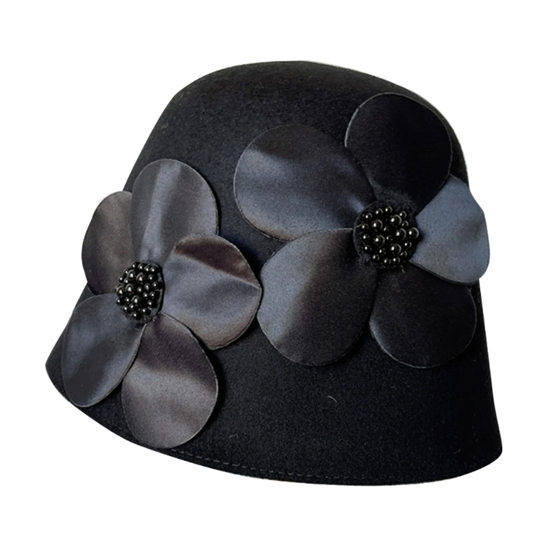

2022 New Black Fisherman Hat Big Satin Flower Wool Felt Basin Hat Wild for Daily Wearing