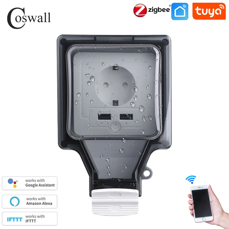 Água ao ar Porto de Carregamento Trabalho com Alexa Ip66 à Prova Zigbee Tuya Vida Inteligente Dwaterproof Livre Tampa Transparente ue Soquete 2 Usb Google Casa Ifttt –