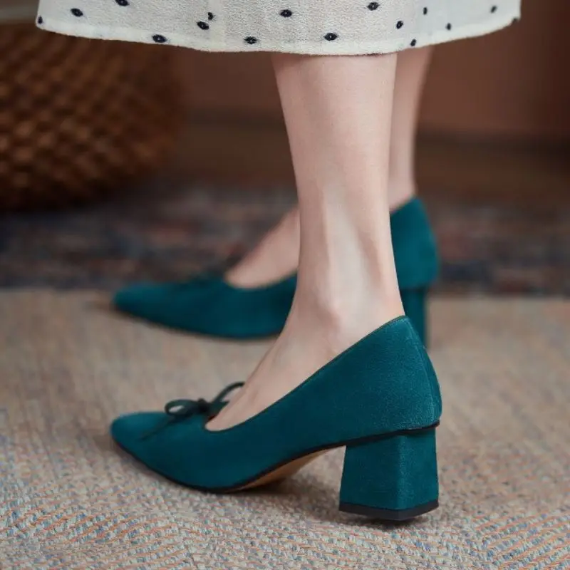 

Rizabina Real Leather Women Pumps Square Toe Thick Heel Shallow Bowtie Party Shoes Fashion Female Footwear Size 34-43