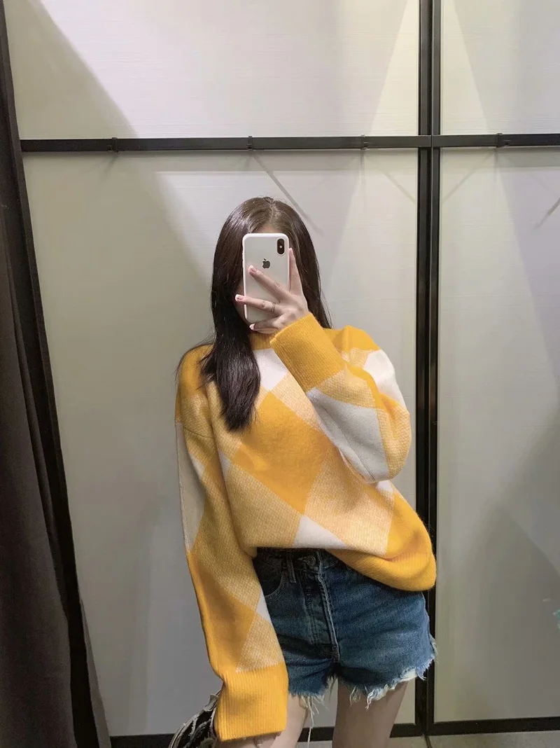 Вязаный Свитер оверсайз с круглым вырезом и принтом | Женская одежда