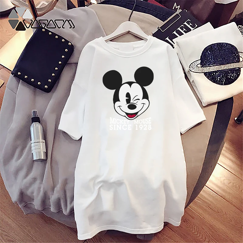 

Short Sleeve Tshirt Dresses Summer Women Mini Dress Casual Mickey Print Cartoon White Casual Loose Harajuku Robes Vestidos New