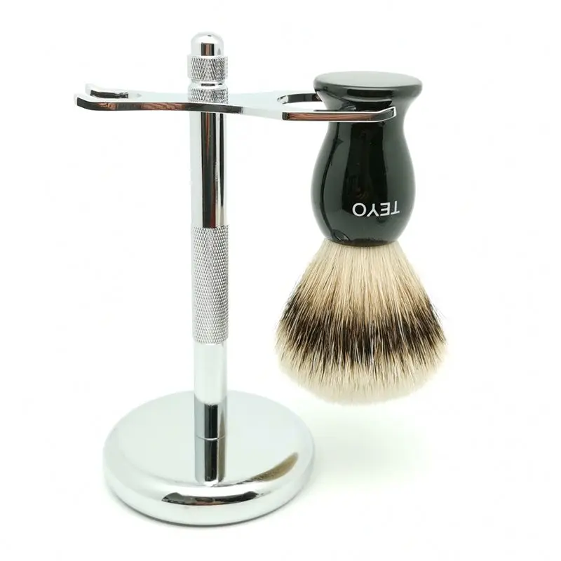 TEYO Super Silvertip Badger Hair Shaving Brush and Shaving Stand Set Perfect for Wet Shave Soap Razor Beard Brush