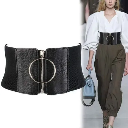 

Women Ultra Wide Belt for Dresses Ladies Elastic Belts Female Big Metal Circle Ring Black Waist Strap