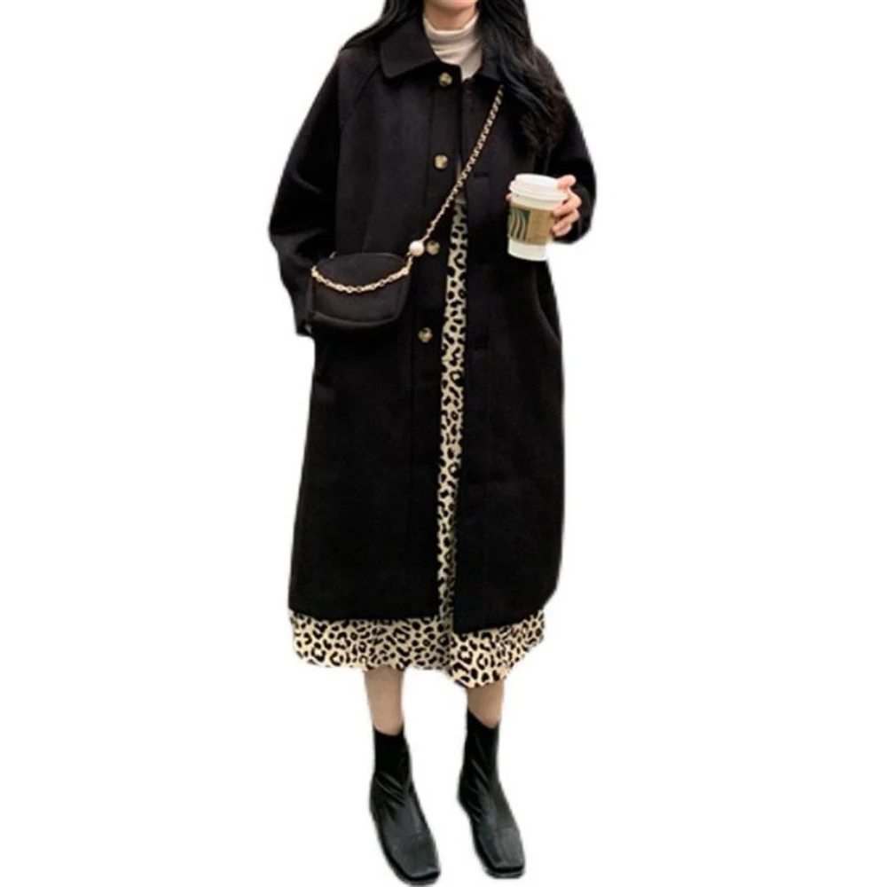 

Женская уличная одежда с длинным рукавом, однотонное пальто средней длины на пуговицах, черное корейское пальто с длинным рукавом, верхняя ...