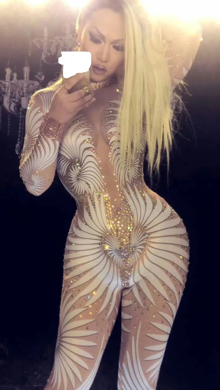 Женский комбинезон с кристаллами белый эластичный для ночного клуба|Женские