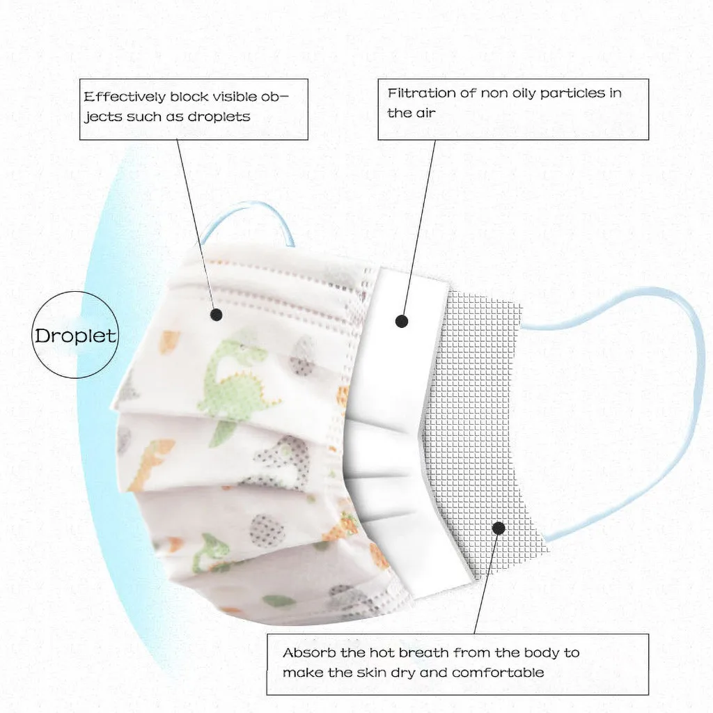 

50pc Disposable Children Maska Fashion Print Cartoon Mouth Face Mask 3ply Nonwoven Filter Halloween Cosplay Headband Masques