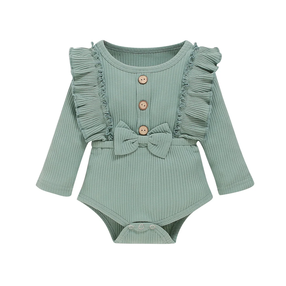 

0-24M Newborn Autumn Solid-Color Round-Neck Ruffle Long-Sleeves Rompers with Bowknot