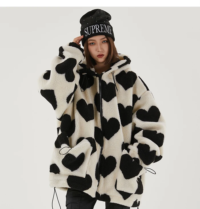 

Winter Harajuku Sherpa Coat Full Love Print Jacket Hip Hop Thick Parka Lambswool Jackets Men Women Streetwear Outwear Furry