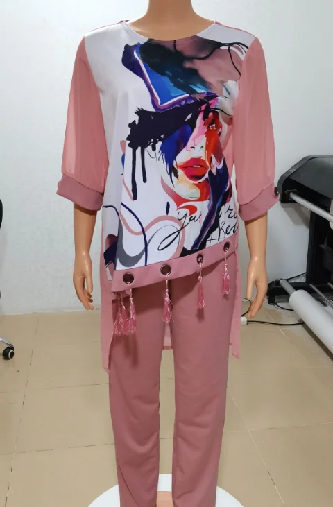 

African Clothes for Women 2021 Summer African Women Long Sleeve Printing Polyester Two Pieces Sets Top + Pant African Clothing