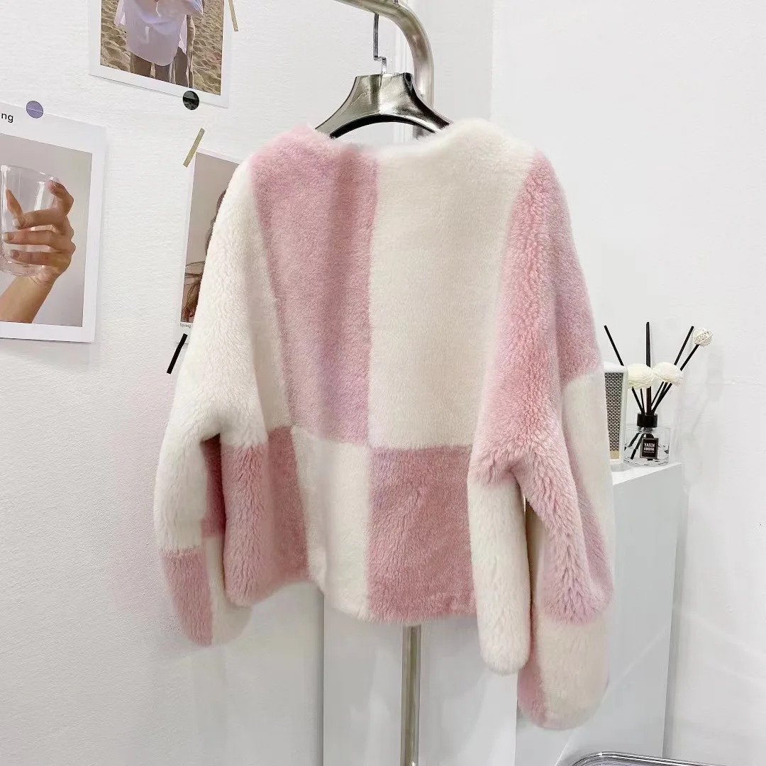 Winter New Designer Women's High Quality V-neck Plaid Wool Fur Leather Coat C128