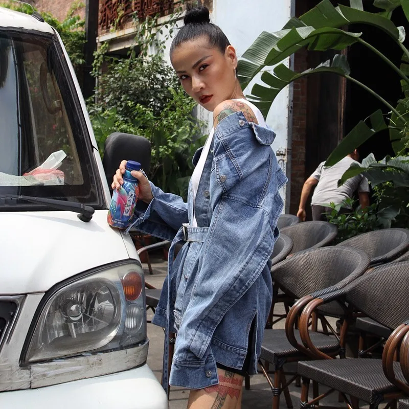 

SISPELL Backless Asymmetric Women's Casual Denim Jacket Lapel Collar Long Sleeve With Belt For Female Coats 2020 Streetwear New