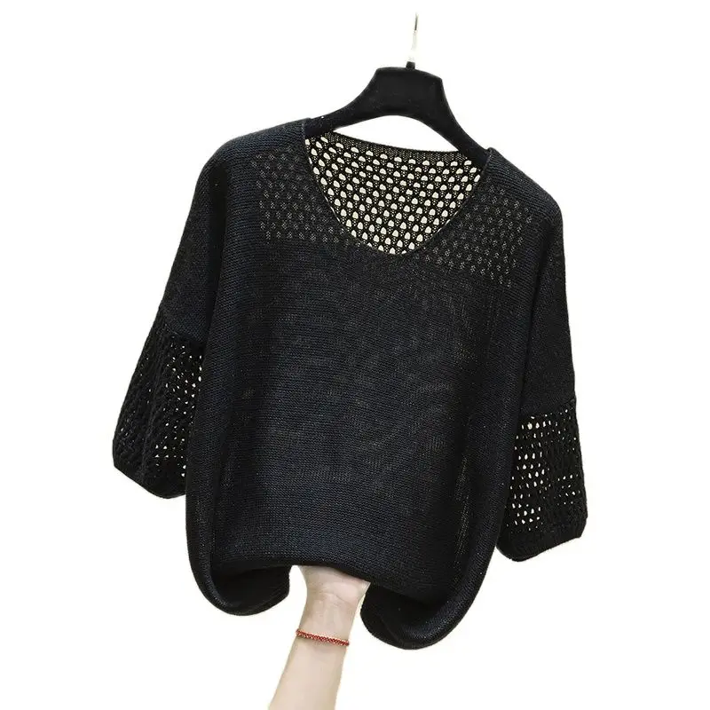 

2021 spring new round neck sweater thin cut-out t-shirt female bat medium sleeve loose summer jacket fashion