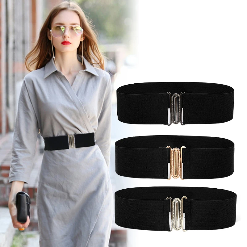 

1Pc Women Belts Stretch Elastic Big Wide Waist Belt Dress Black Buckle Female Plus Large size Soild Strap Width 7cm ceinture