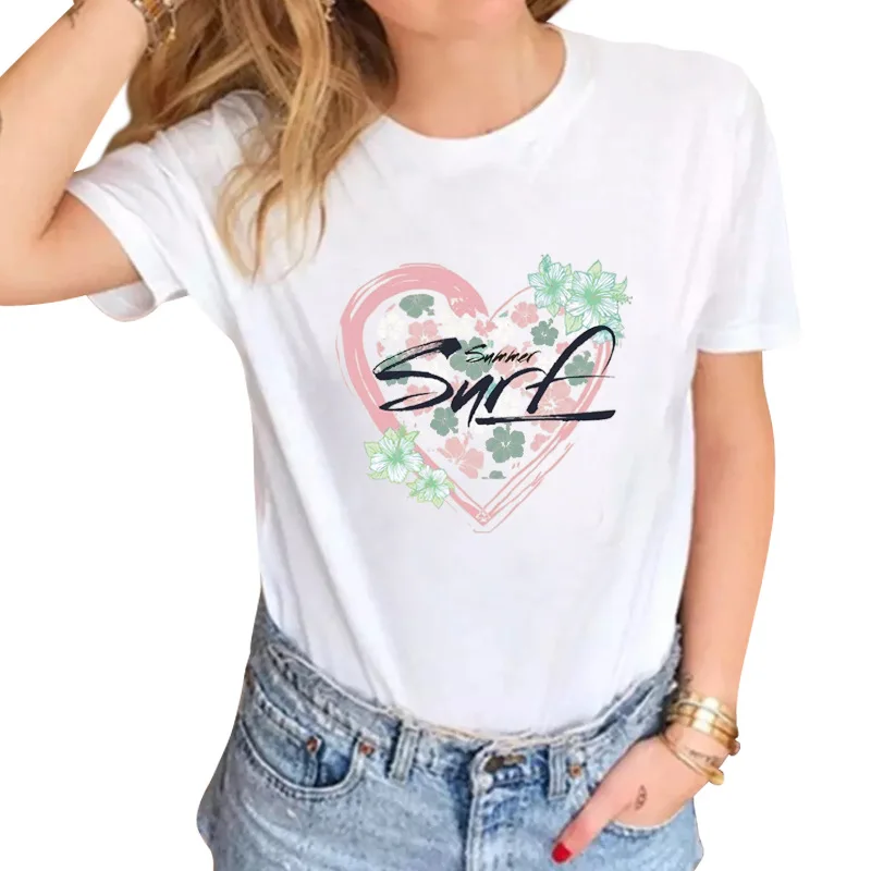 

Women's High Quality Graphic Printing T-shirt Flower Letter O-neck Short Sleeve Loose Tee Tops Clothes Summer Girl Elegant New
