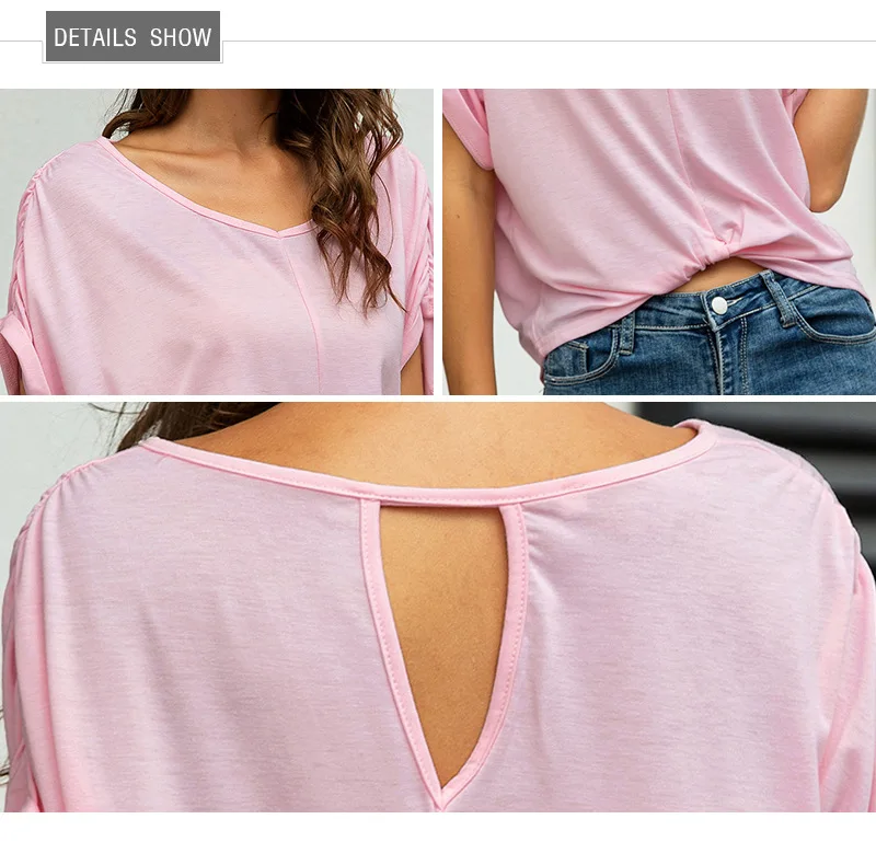 

2021 Summer New Women V-Neck T-Shirt Casual Solid Color Loose All-Match Women's Top Sexy Pleated Short-Sleeve Ladies T-Shirt 2XL