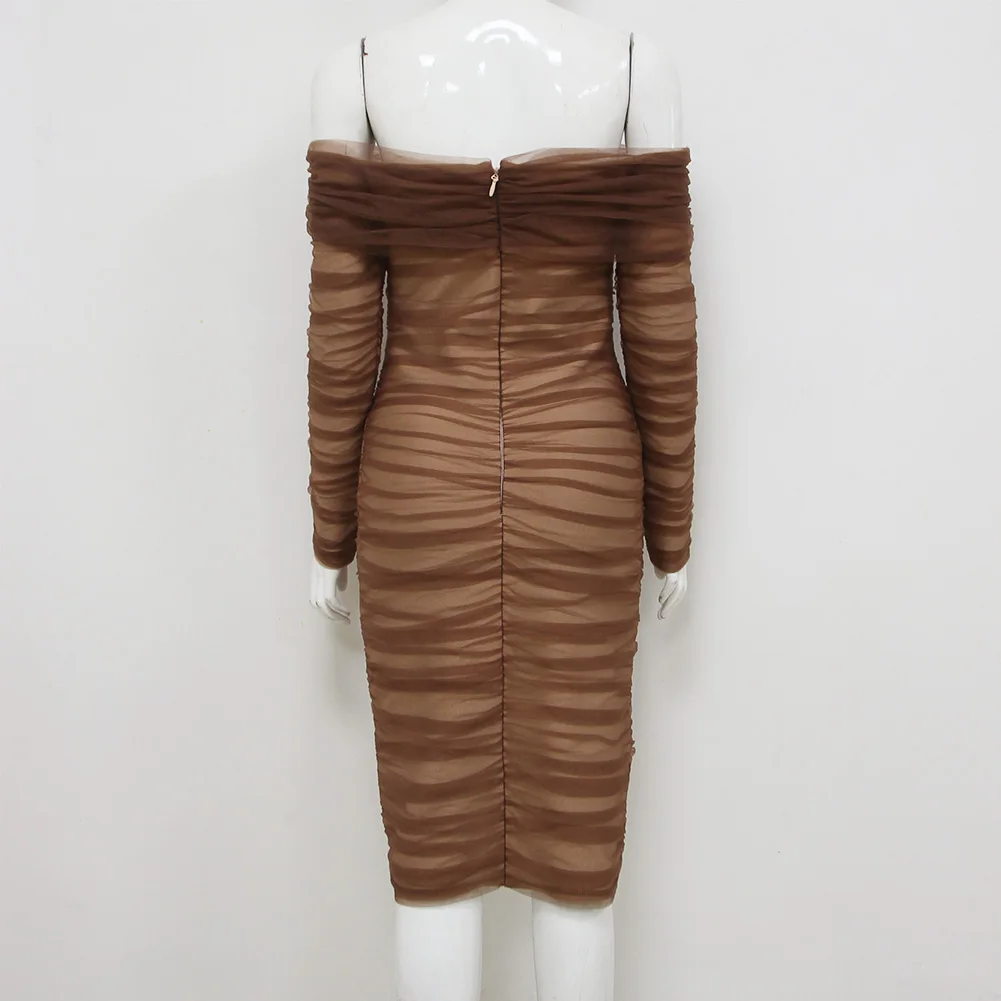 Новое зимнее модное сексуальное с открытыми плечами ДРАПИРОВАННОЕ коричневое