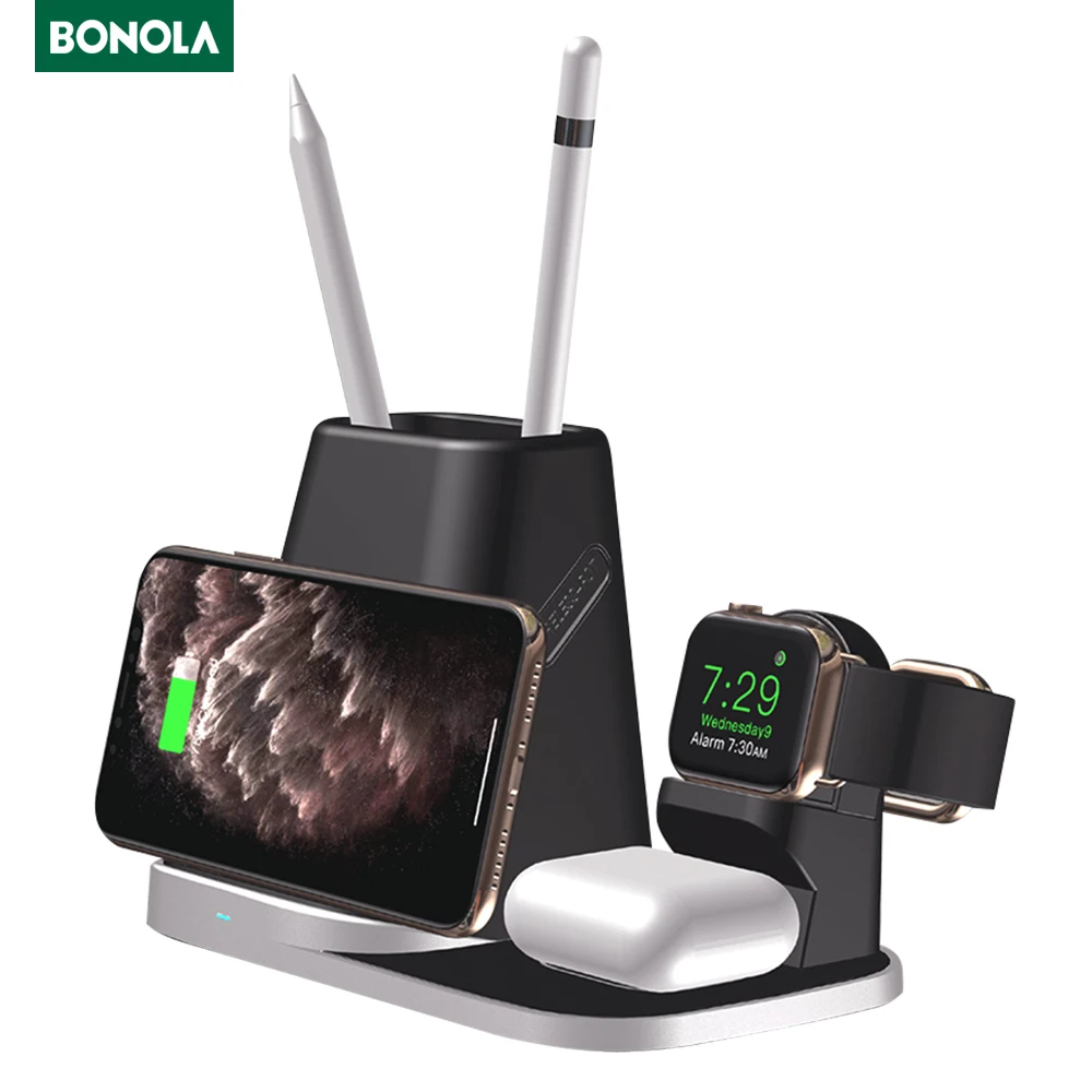 Беспроводное зарядное устройство Bonola 4 в 1 для iPhone11/Xr/iWatch/AirPods/Pen Holder Qi 10 Вт быстрая