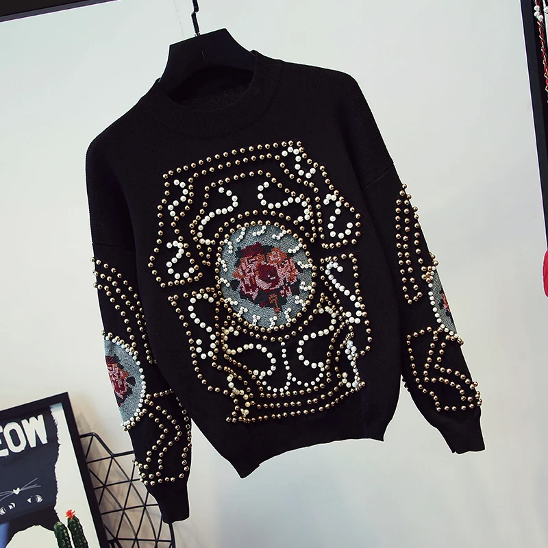 Новинка зимний женский свитер с длинным рукавом и вышивкой крестиком вязаные