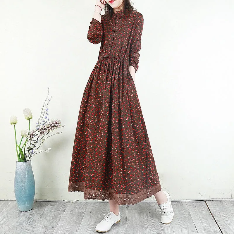 

Женское длинное платье из хлопка и льна, винтажное свободное Повседневное платье с цветочным принтом, D024, весна 2021