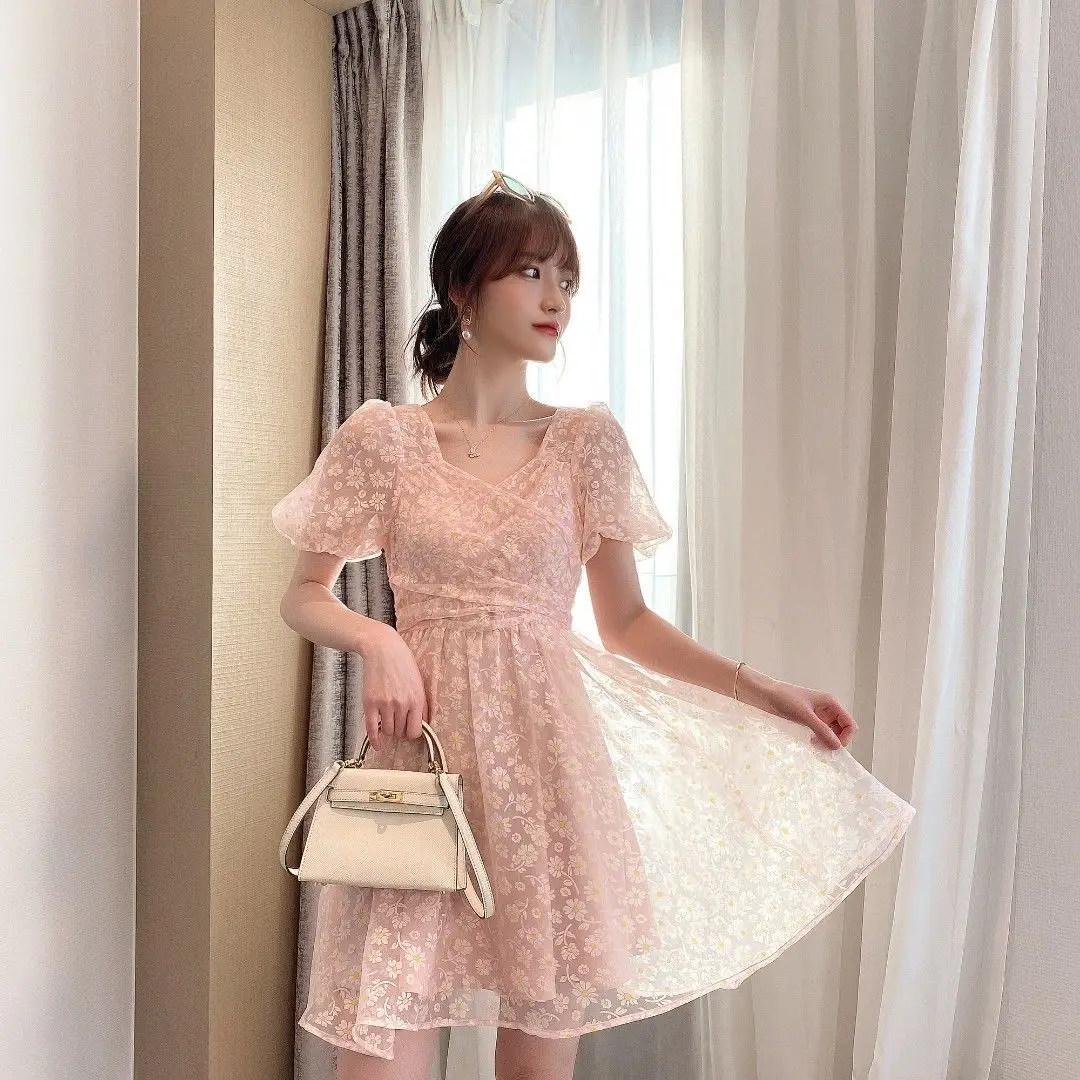 

Elegant Vintate Floral Dress Women Short Sleeve Midi Dress Female Party Beach One Piece Dress Korea Office Lady 2021 Sumemr Chic