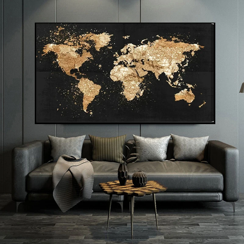 

Vintage Golden World Map Canvas Painting Retro Posters and Prints Modern Wall Art Picture for Living Room Study Home Decoration