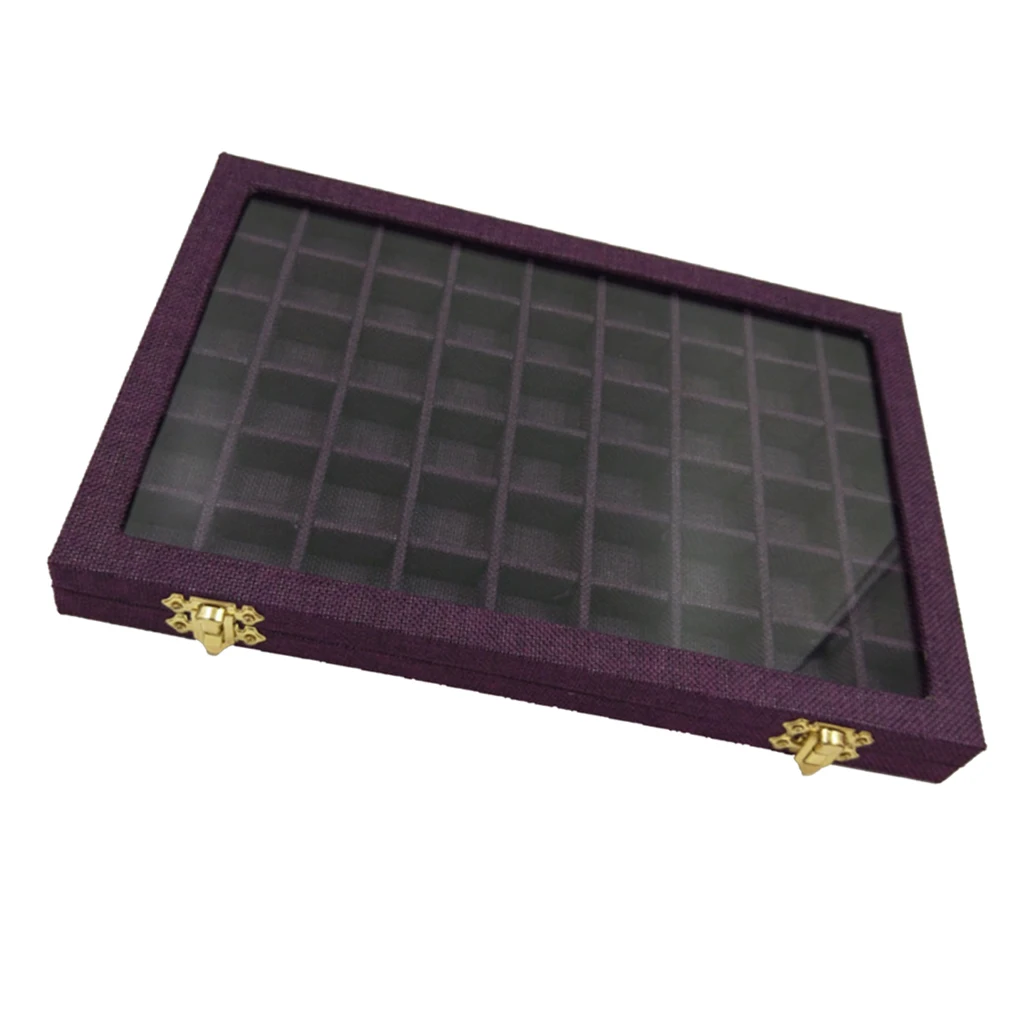 Line Board 54 Grids Clear Glass Lid Rings Holder Showcase Jewelry Case Organizer Jewelry Box for Earrings Necklaces Bracelets