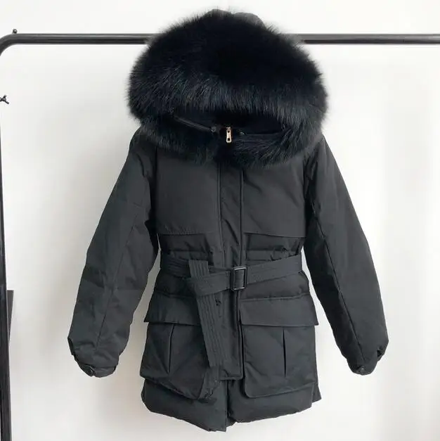black Настоящий воротник из натурального меха зимние женские тонкие куртки 90% белый пуховик с капюшоном Длинные пуховики женские толстые пиджаки - Цвет: black