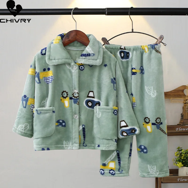 

New 2021 Kids Boys Girls Autumn Winter Soft Flannel Pajama Sets Cartoon Long Sleeve Lapel Tops with Pants Sleeping Clothing Sets