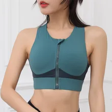 Frente zíper esportes sutiãs mulheres respirável push up correndo colete à prova de choque feminino roupa interior plus size acolchoado atlético colheita topo (1)