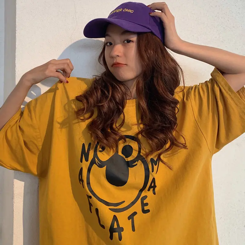 

Summer Women Korean Short Sleeve Loose T-Shirt Large Size 2021 Cover Belly Show Thin Tops Pattern Clothing Female Student Animal