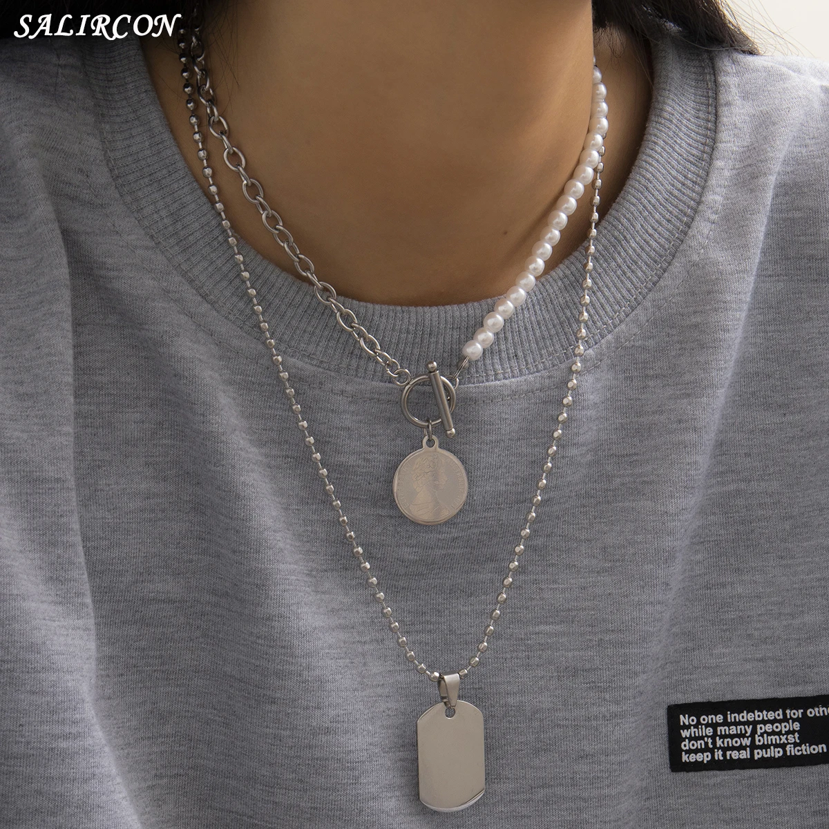 

Punk Stainless Steel Imitation Pearl Necklace Kpop Lariat Geometric Coin Pendant Beads Link Chain Necklace for Women Men Jewelry