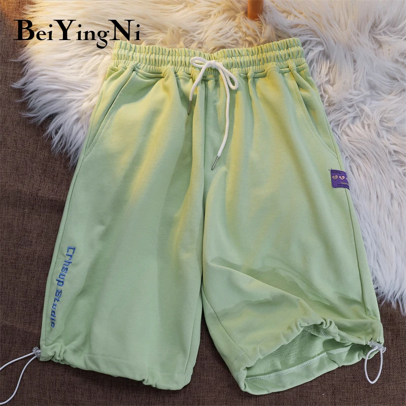 

Beiyingni Drawstring Slim Sports Shorts Womens High Waist Loose Pockets Letter Embroidery Shorts Girls Chic Sweet Casual Shorts