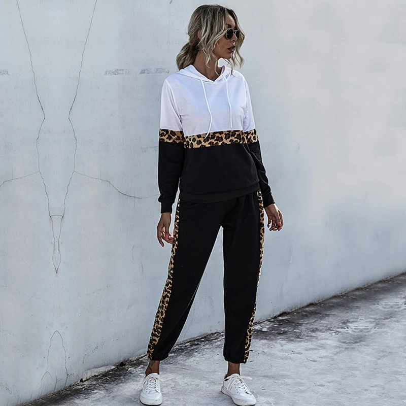 Woman Leopard Patchwork Hoodies 2 Piece Set Pocket Long Sleeve Sweatshirt Top and Pants Suit Casual Tracksuit |