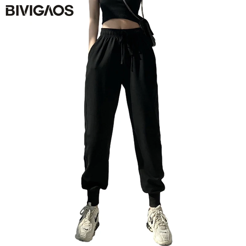

BIVIGAOS Cotton Gray Thread Ankle Sweatpants Women Autumn High Waisted Sport Pants Loose Casual Harem Pants Streetwear Bottoms