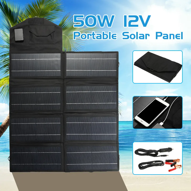 spesifikasi 50W 12V Solar Panel Kit Dual USB Port Panel Surya Outdoor Tahan Air Folding Solar Panel Charger Untuk Mobil Baterai Ponsel Charger