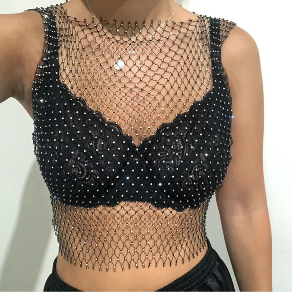 

Women Sexy Shirts Fashion Rhinestone Fishnet Design female Shirts Mesh Round Neck Sleeveless Top Hollow out Blouse Women