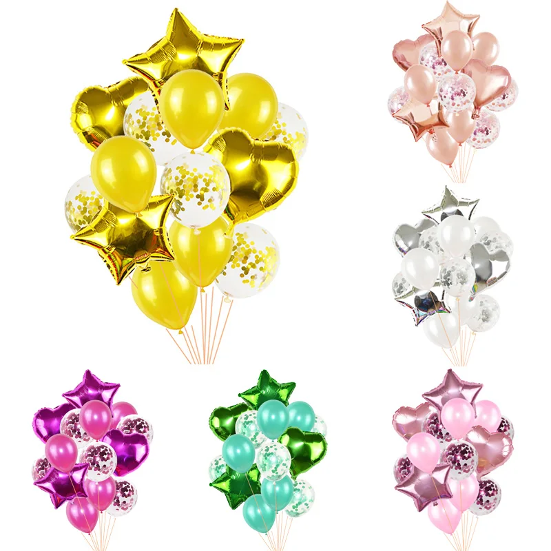 14pcs/set Clear Confetti Latex Balloons Set Star Heart Shape Foil Balloon Birthday Party Decoration Kids Baby Shower Supplies