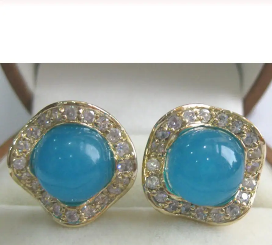 

Hot Sell wholesale fashion jewelry pretty 8mm round blue Natural jade & crystal 18kgp earring