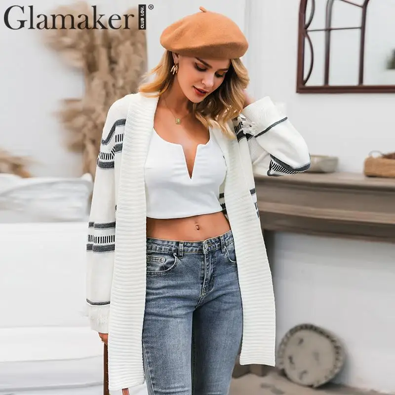 Женский длинный кардиган в полоску Glamaker белый вязаный Повседневный теплый