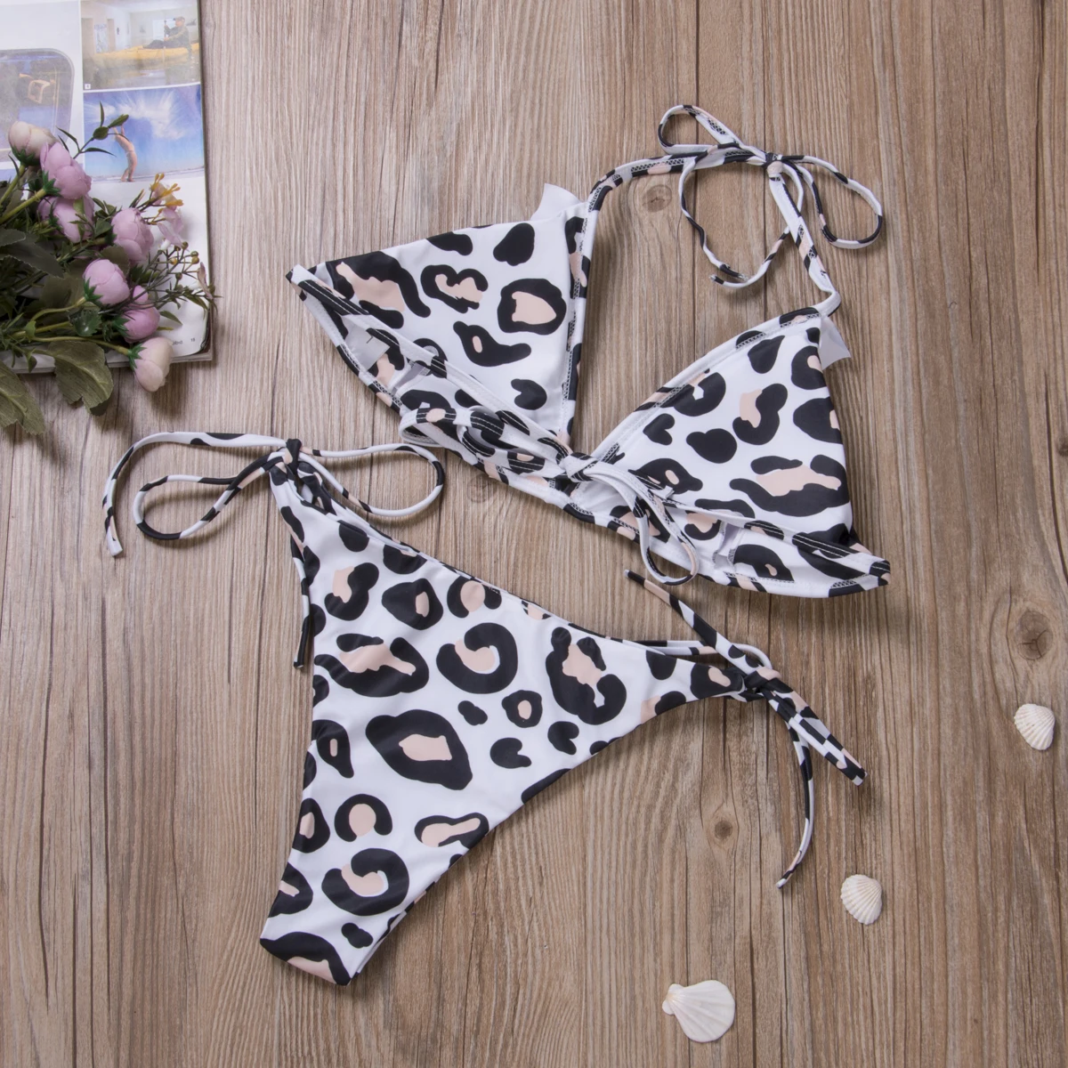 

Women's Ruffle Swimwear Leopard Print Push UpTriangle Swimsuit Bandage Two Piece Bikini Sets Bathing