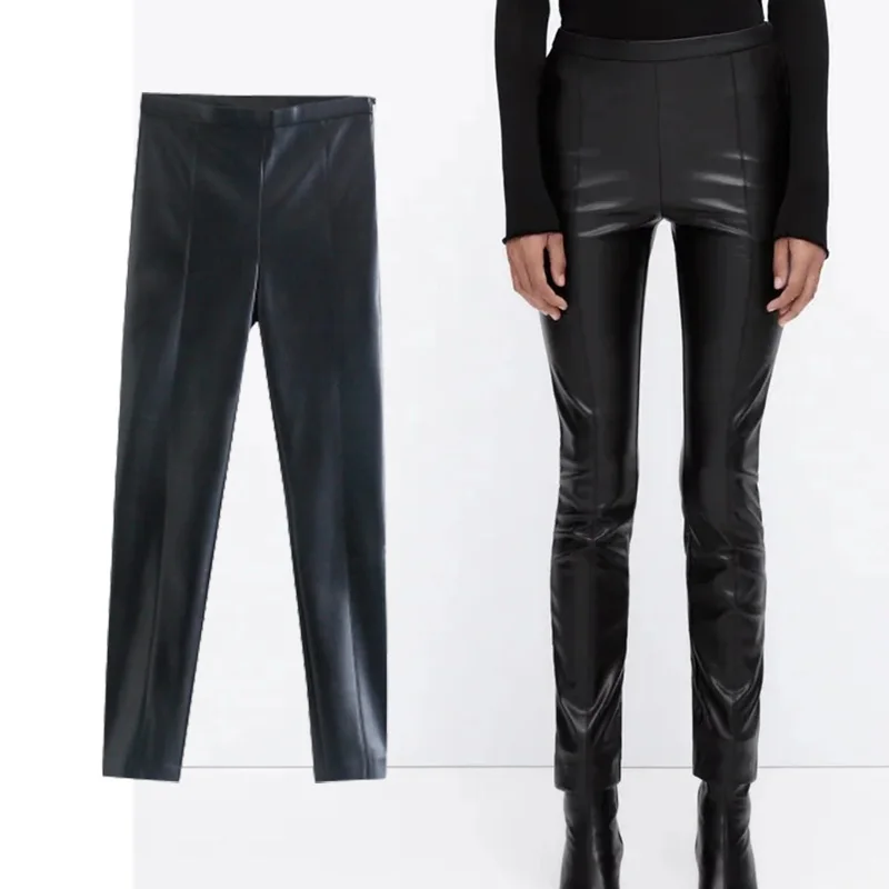

Za Women Leggings 2021 Women's Faux leather Leggings Fashion Tight Straight Vintage High Waist Buttons Female Trousers Mujer