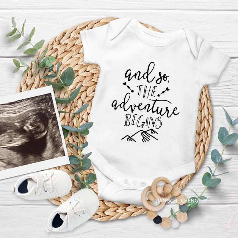 

And So the Adventure Begins Pregnancy Announcement Baby Bodysuit Cotton Body Baby Boys Girls Rompers Newborn Onesies Clothes
