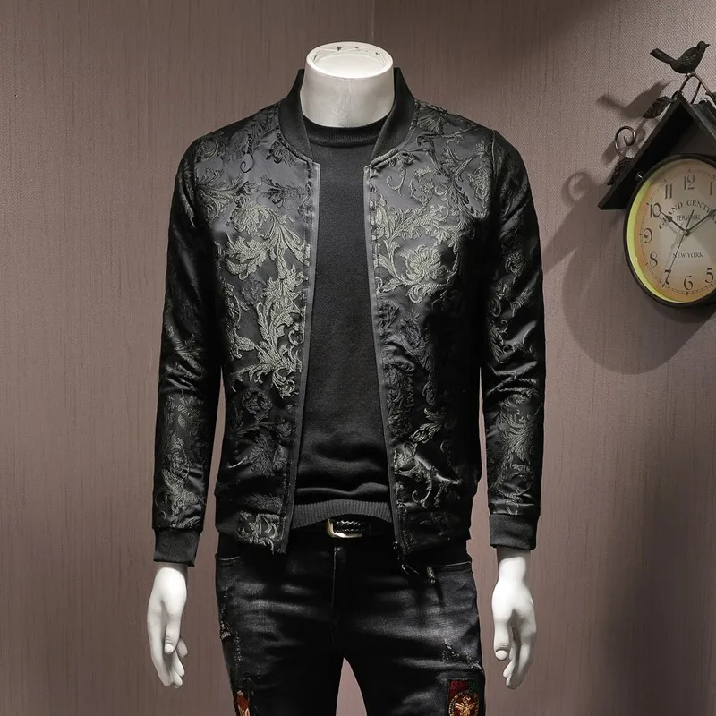 Мужская приталенная куртка-бомбер с цветочной вышивкой размеры до 5XL | одежда