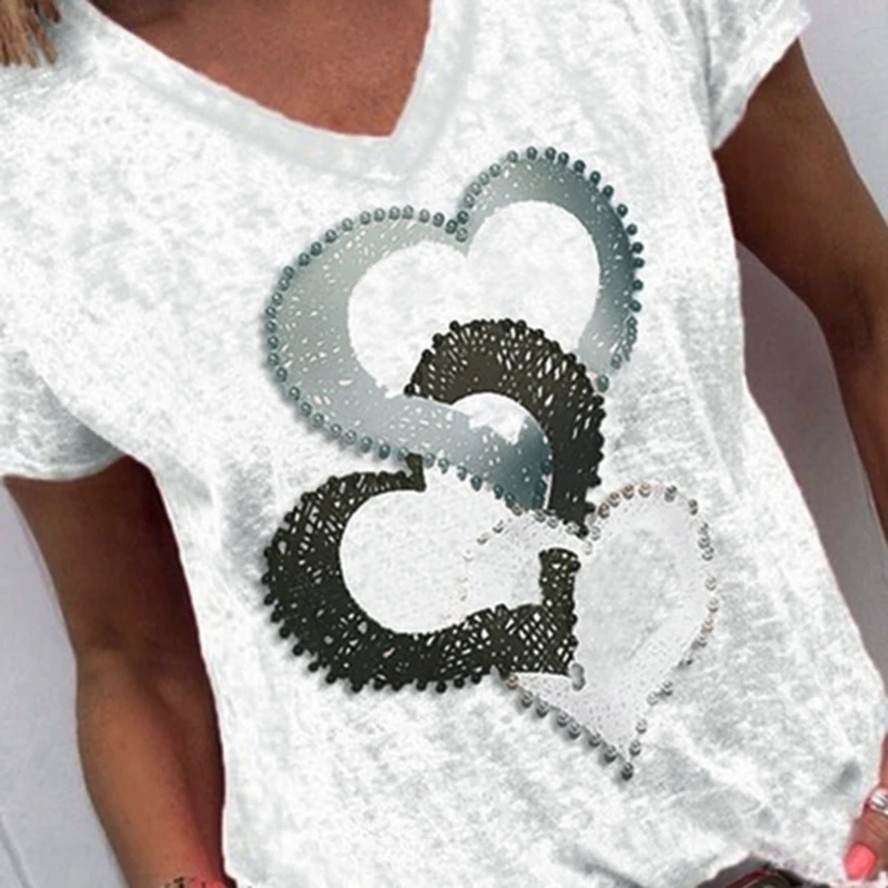 

Women Fashion Tops Summer T-shirts Casual Short Sleeve Shirts Printed V-neck Blouses Ladies Solid Color Loose T-shirt New