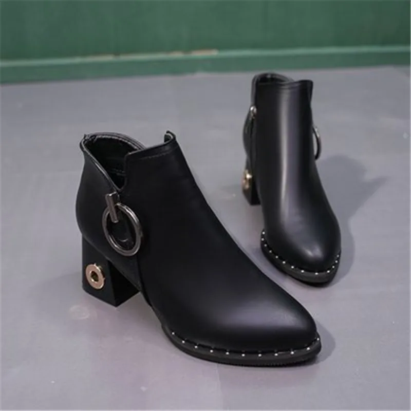 Winter Ankle Boots Women Rivets Platform Block Heel Female Zipper Pointed Toe High Heels Pumps Ladies Fashionable Shoes | Обувь