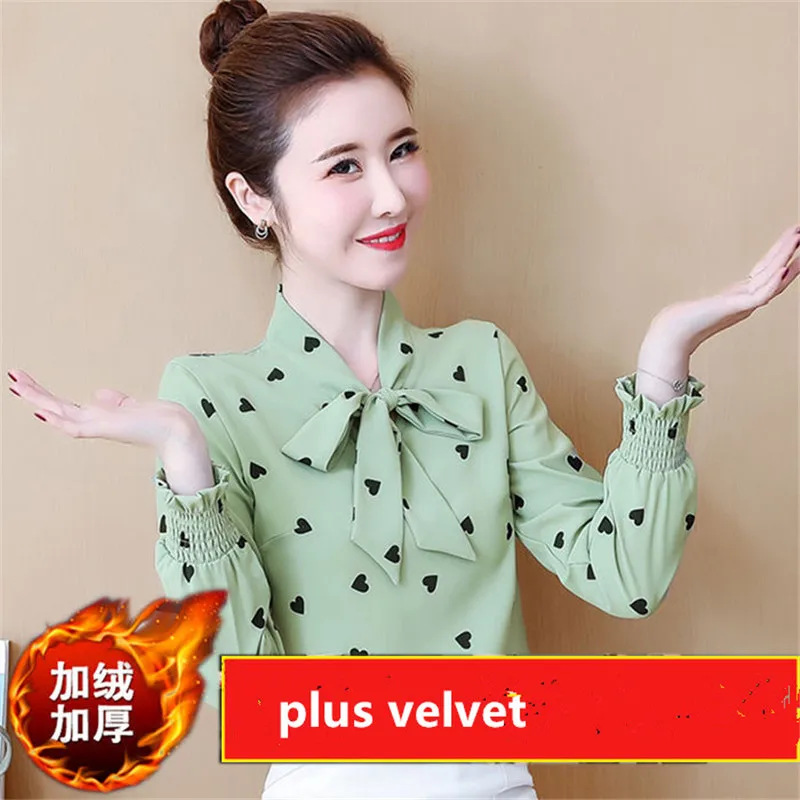 Plus Velvet Women Blouse Love Print Womens Tops And Blouses Bow Woman Blouses Long Sleeve Plus Size Women Tops Blusas Shirt