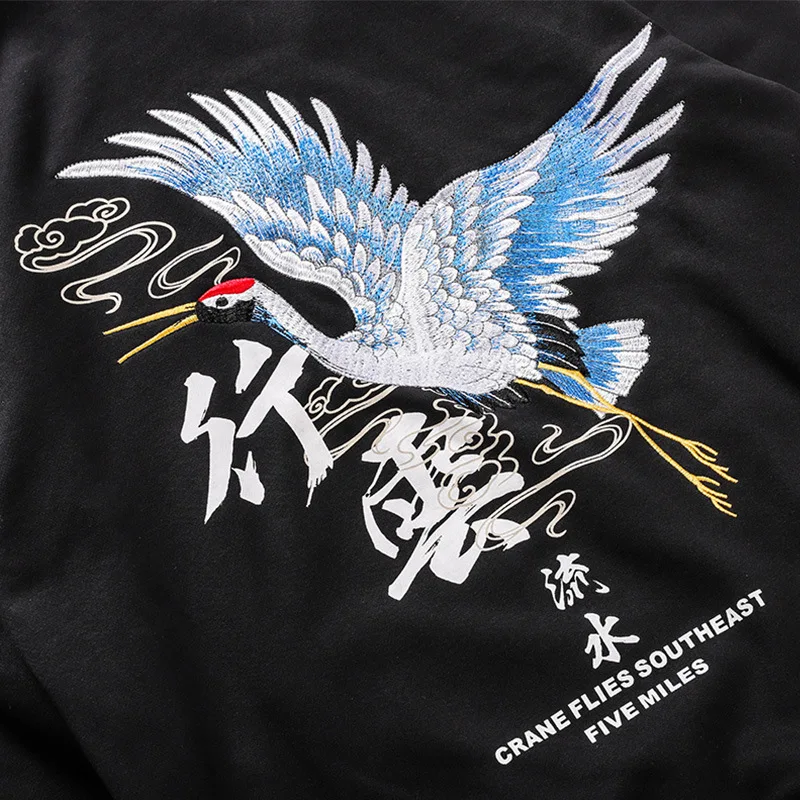 2019 черная толстовка с капюшоном в стиле хип-хоп мужская вышитым журавлем пуловер