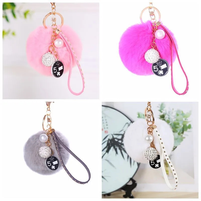 

Women Keyrings Artificial Rabbit Fur Ball Keychain Handbag Charm Pendant with Rhinestone Leather Decor Key Chain
